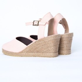 Resim Topuğu Açık Bilekten Bantlı Dolgu Topuk Pembe Keten Hasır Espadril ES1006-0427 Pembe 