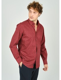 Resim De Leone Erkek Slim Fit Desenli Uzun Kollu %100 Pamuk Gömlek 2045 Kırmızı Kırmızı 