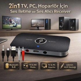 Resim Coofbe 2in1 Tv, Pc, Hoparlör Için Ses Iletme ve Ses Alıcı Receiver Transmitter Adaptör, Bataryalı 