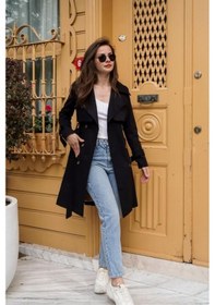 Resim Pastelastore %100 Pamuk Gabardin Midi 95cm Astarlı Kemerli Kadın Trençkot 1113 Siyah 
