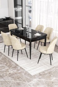 Resim Canisa Concept Via Serisi 80x132 Açılabilir Mutfak Masası Takımı Siyah Mermer Desen Masa 6 Krem Sandalye 