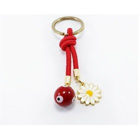 Resim Kırmızı Cam Nazar Boncuklu Papatyalı Anahtarlık, Hediyelik Cam Bo 