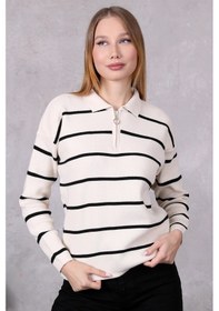 Resim Kadın Polo Yaka Oversize Çizgili Fermuarlı Triko Kazak Ten Rengi 