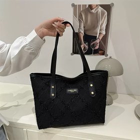 Resim Kadınlar İçin Şık Siyah Naylon Tote Çanta - Büyük Kapasiteli, Fermuarlı Kapatma, Sabit Omuz Askısı ve Polyester Astarı ile Alışveriş, Toplantılar, Günlük Kullanım, Akşam Aksesuarı, Metalik Düğme Detayları 