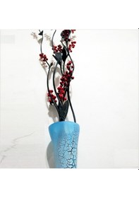 Resim Uzun 15 Kırmızı Salkım Üzümlü 5 Siyah Dal Çatlatma Mavi Cam Vazo 