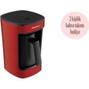 Resim Grundig Türk Kahve Makinesi 5 Fincan Kapasitesi Kırmızı ve Porselen 2 Kişilik Fincan Takımı 