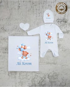 Resim yzc home size dair... E64 Bt Isimli Erkek Bebek Battaniye Tulum Şapka Eldiven Set Hastane Çıkışı %100 Pamuk 