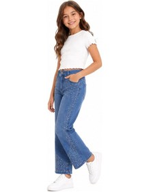 Resim İrem Kız Çocuk Üzeri Taş Detaylı Beli Lastik Ayarlamalı Cepli Geniş Paça Model Likralı Mavi Renk Kot Pantolon 
