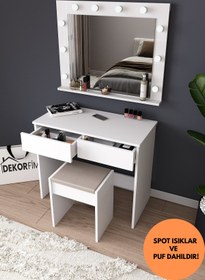 Resim dekor fim DF02103B LED Işıklı Aynalı Organizer Makyaj Masası Tabureli, Bölmeli Çekmeceli Kozmetik Masası 