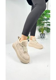 Resim Günlük Kadın Bot Bağcıklı Yüksek Kalın Tabanlı Kürklü Oval Burunlu Süet Rahat Hafif Bootie 1701 Bej 