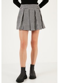 Resim Lela Pamuk Ve Yün Karışımlı Pileli Kazayağı Regular Fit Mini Bayan Şort Etek 611Sr00028 Ekru-Siyah 