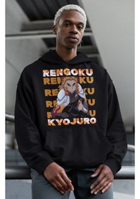 Resim Sevbano Rengoku Kyojuro Baskılı Unisex Oversize Kimetsu No Yaiba Anime Ho Siyah 