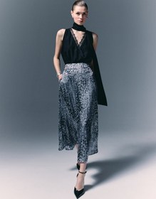 Resim Sateen Leopar Desenli Uzun Etek - Siyah 
