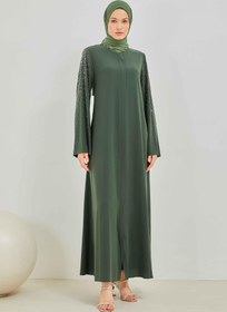 Resim Kolları Taş Deseni İşlemeli Valon Kollu Ferace Haki | 202459 - 40 / Haki 