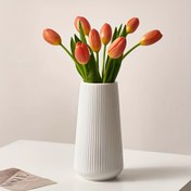Resim Modern İskandinav Beyaz Plastik Dikey Çizgili Vazo - Ev Dekoru için Geometrik Silindirik Süs Vazo, Oturma Odası, Yatak Odası, Ofis İçin Dayanıklı Masa Üstü Merkez Parçası | Çiçek Düzenlemesi | Çizgili Desenli, Vazo Ev Dekorasyonu 