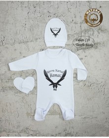 Resim yzc home size dair... E93 T Isme Özel Isimli Baskılı Bebek Tulum Şapka Eldiven Set Hastane Çıkışı 