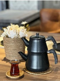 Resim Granit Kaplama Pramit Cam Kapaklı Çaydanlık Siyah Siyah 