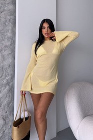 Resim Noi Belis Açık Sarı Mini Boy Ispanyol Kol Kayık Yaka Ince Yazlık Plaj Elbisesi Ss25el0033 