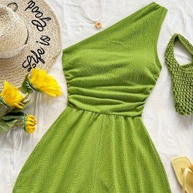 Resim Kadınlar için Seksi Kolsuz Tek Omuzlu Tulum - Canlı Yeşil Düz Renk, Makinede Yıkanabilir Her Mevsimlik Etekli ve Piliseli Detaylara Sahip Elbise Günlükten Resmi Kıyafetlere Uygun, Çok Yönlü Moda, Piliseli Tasarım 