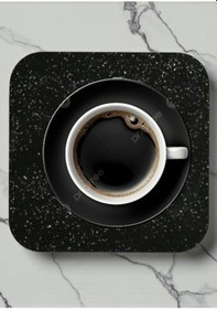 Resim 4 Adet Siyah Kum Desen Ahşap Üzeri Metal Türk Kahvesi Fincan Çay Kupa Ev Ofis Bardak Altlığı Altlık Siyah 