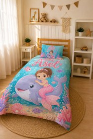 Resim Evmila Karikatüristik Deniz Kızı Temalı Nevresim Takımı - 100x150 cm Nevresim ( Bebek Boy Özelleştirilmiş ) + 35x45 cm Yastık Kılıfı 