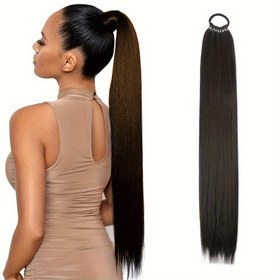 Resim 60.96cm Yaki Düz Sentetik At Kuyruğu Uzatması Elastik Bantlı - Isıya Dayanıklı, Kadınlar İçin Sarma Tasarımı, Koyu Kahverengi, Şık Günlük Görünüm İçin Yüksek Kaliteli Saç, Fırsat Saç Modeli | Şık Saç Sarma | Parlak Bitiş, At Kuyruğu Saç Uzatmaları, Mtmei Saç 