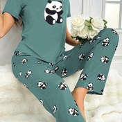 Resim Kadınlar için Panda Desenli Pijama Takımı - Kısa Kollu Üst ve Uzun Pantolon, Açık Mavi Renkli Siyah Panda Deseni, Rahat Yuvarlak Yaka, Polyester Örgü Kumaş, Tüm Mevsimler İçin Mükemmel 