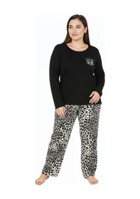 Resim Bravie Üstü Yazılı Altı Leopar Desenli Elite Viscose Uzun Büyük Beden Pijama Takımı Siyah 3588 Siyah 