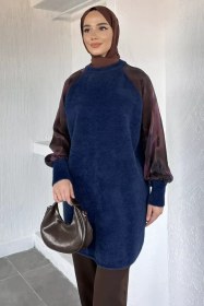 Resim Gülseli Kol Desenli İpek Kübra Kumaş Tesettür Triko Tunik Lacivert TZL-P-00020418 