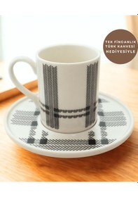 Resim Ekose Desenli 6 Kişilik Porselen Kahve Fincan Takımı Siyah Beyaz 