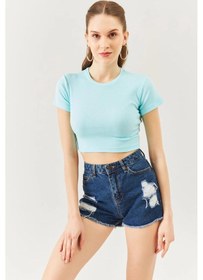 Resim Butikgiz Kadın Kısa Kol Bisiklet Yaka Vücuda Oturan %100 Pamuklu Kaşkorse Esnek Crop Bluz Aqua 