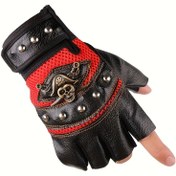 Resim Korsan Punk Tarzı Yarım Parmak Bisiklet Eldiveni - Siyah Suni Deri Görünümlü Polyester, Metal Tokalı Kapatma, Dokunmamış Kumaş, Elde Yıkanabilir, Açık Hava Sporları ve Motosiklet Sürüşü İçin 