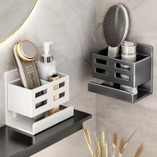 Resim Duvara monte kozmetik düzenleyici raf - Büyük kapasite, kolay deliksiz kurulum, hafif parlatı plastik depolama banyo, makyaj masası veya masa için, banyo düzenleyicileri ve depolama, modern estetik, şık tasarım 