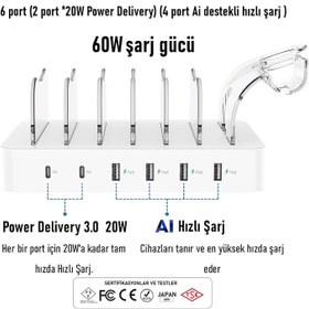 Resim SooPii CS60 (PD) 3.0 60W/12A 6 Port Çoklu Şarj Cihazı Şarj İstasyonu 