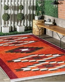 Resim RealHomes Kırmızı Zeminde Geleneksel Motifli Kilim Desenli Geometrik Vintage Oturma Odası Kaymaz Saçaklı Halı HaliDik-Deluxe-12071, 80 x 400 