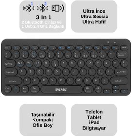 Resim Everest KB-BT16 3 Cihaz Desteği 2.4G+BT1+BT2 Android-Ios-PC Türkçe Q Klavye Kablosuz Klavye Bluetooth Klavye 
