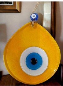 Resim Mavi Nazar Boncuklu Şeffaf Bal Renk Nazar Boncuklu Damla Desen El 