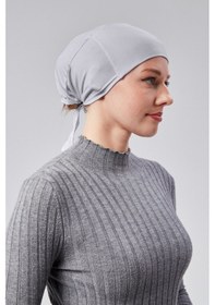 Resim Sonbaharmoda Kadın Tesettür Likralı Penye Dikişsiz Kaymaz Düz Bağlamalı Bone Gri 