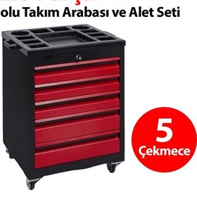Resim Dorf 220 Parça Dolu Takım Arabası Metal Tekerli 5 Çekmeceli 