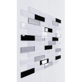 Resim MozaiKristaL Mutfak Tezgah Arası ve Tüm Yüzeyler Için Kristal Cam Mozaik. Cam Ölçüleri: 23X73 Mm. File Karo Ölçüsü: 30X30 Cm. Renk: Beyaz-Siyah-Gümüş Mix ( 1 Kutu = 11 File Karo =1 M2 Fıyatıdır ) 
