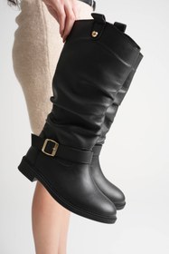 Resim Artgoo kadın siyah deri günlük rahat çekme körüklü çizme 