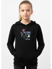 Resim Kanguru Cepli Kapüşonlu Kız Çocuk Sweatshirt Be Kind Yazı Baskılı Siyah 
