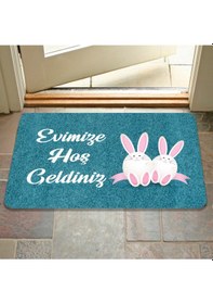 Resim Dijital Baskılı Kapı Önü Paspas Hoşgeldiniz Yazılı Çiçek Desen Ve Tavşan Iç Ve Dış Kapı Yıkanabilir Siyah 