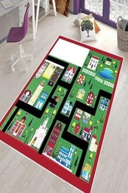 Resim Pelangi Kırmızı Araba Yollu Şehir Desenli Yıkanabilir Kaymaz Taban Leke Tutmazbebek Ve Çocuk Odası Halısı, Kırmızı-Yeşil 180 x 300 