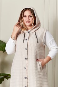 Resim Kadın Büyük Beden Düğmeli Kapitone Yelek - Taş / 3XL 