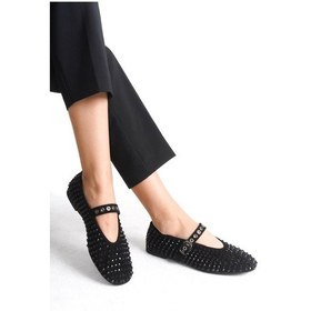 Resim Mubiano Collection Siyah Hakiki Deri Süet Taşlı Kadın Babet - Mcrgn8032 - S Siyah 