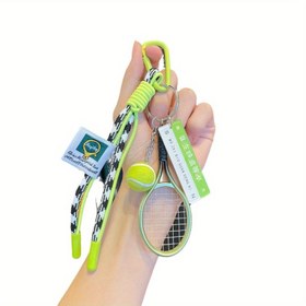 Resim Tenis Spor Serisi Anahtarlık ve Çanta Aksesuarı - Tenis Topu ve Raketi Tasarımlı Şık Örgü İp Aksesuar, Yeşil ve Siyah Kareli Desen, Kadın Modası veya Spor Tutkunları İçin Mükemmel 