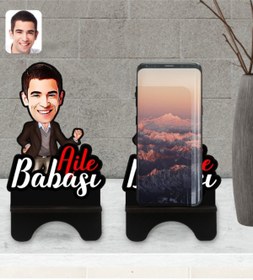 Resim Bk Gift Kişiye Özel Aile Babası Karikatürlü Ahşap Biblo Telefon Standı-1 