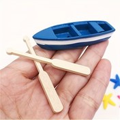 Resim Minyatür Balıkçı Teknesi Ahşap Küreklerle - 4/1 Parça Set, Mavi Reçine Tekne Figürü, Kapalı Akvaryum Dekoru, Deniz Temalı Mikro Manzara Modeli 