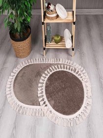 Resim My Evilla Modern Simirna Dekoratif Peluş Oval Ponpon Saçaklı Klozet Takımı Vizon 